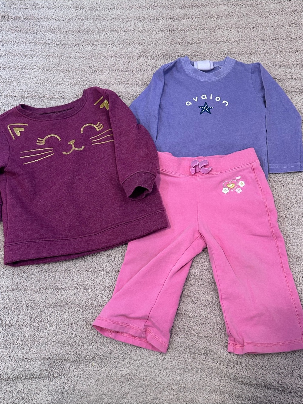 💜 12M Girls Playwear Lot Cat Sweatshirt, Long Sleeve Top & Pants *